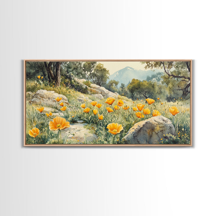 California Poppy Art Landscape Framed Canvas Print Wildflower Wall Art Rustic Decor Above Sofa Living Room Art Gift Idea
