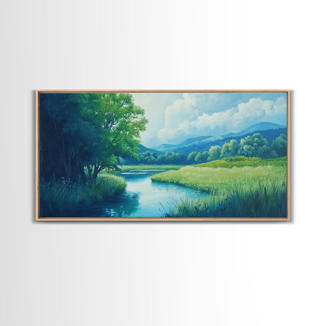 Canvas Print of Serene Green Valley and River Landscape, Rustic Wall Art, Gift Idea for Nature Lovers and Rustic Home Decor