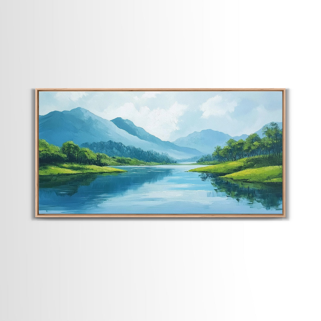 Blue Landscape Framed Canvas Print, Smoky Mountain Art Above Sofa Decor, Coastal Painting Gift Idea Living Room Horizontal Wall Art