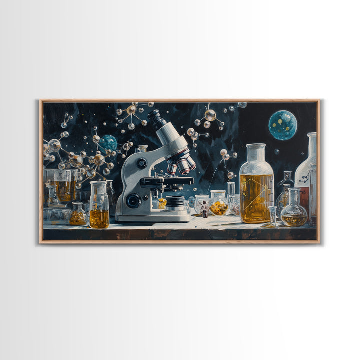 Science Art Framed Canvas Print, Microscope Molecular Wall Decor, Unique Therapy Art, Coastal Modern Living Room Art Gift Idea