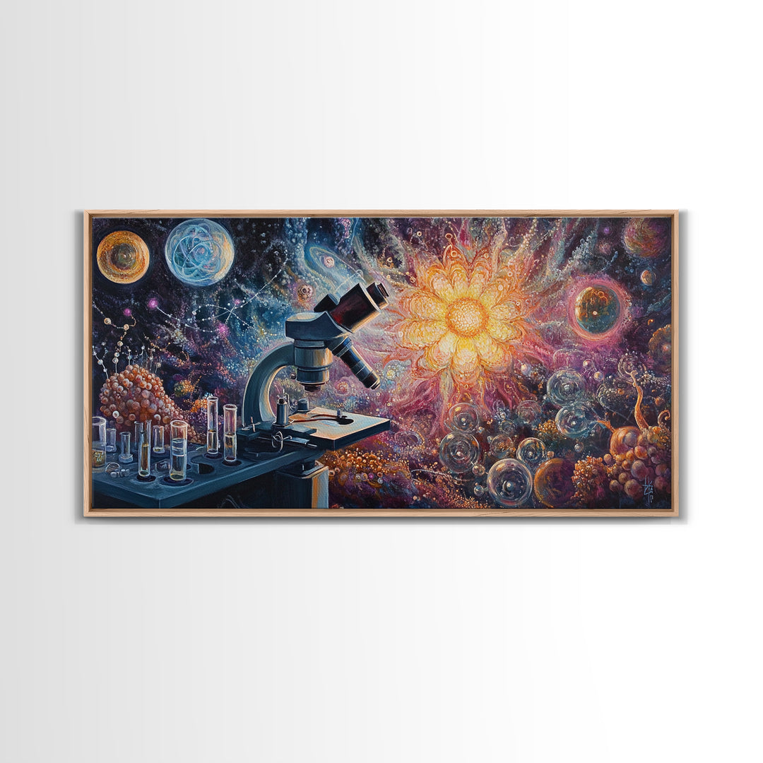 Zen Science Art Framed Canvas Print, Molecular Cosmos Microscope Painting, Moody Therapy Wall Decor, Above Sofa Living Room Art