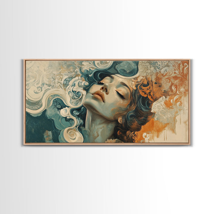 Art Nouveau Framed Canvas Print Featuring Goddess Art and Botanical Prints Beautiful Feminine Inspired Bedroom or Guest Room Art