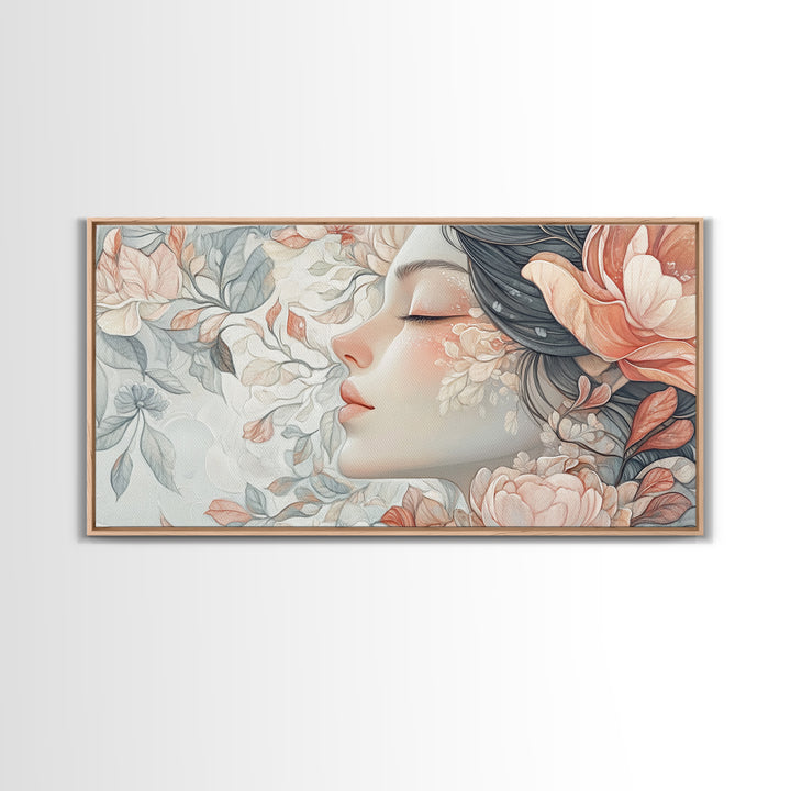 Dreamy Floral Goddess Framed Canvas Print with Light Pink Wall Art and Rose Painting Stunning Bedroom or Living Room Accent