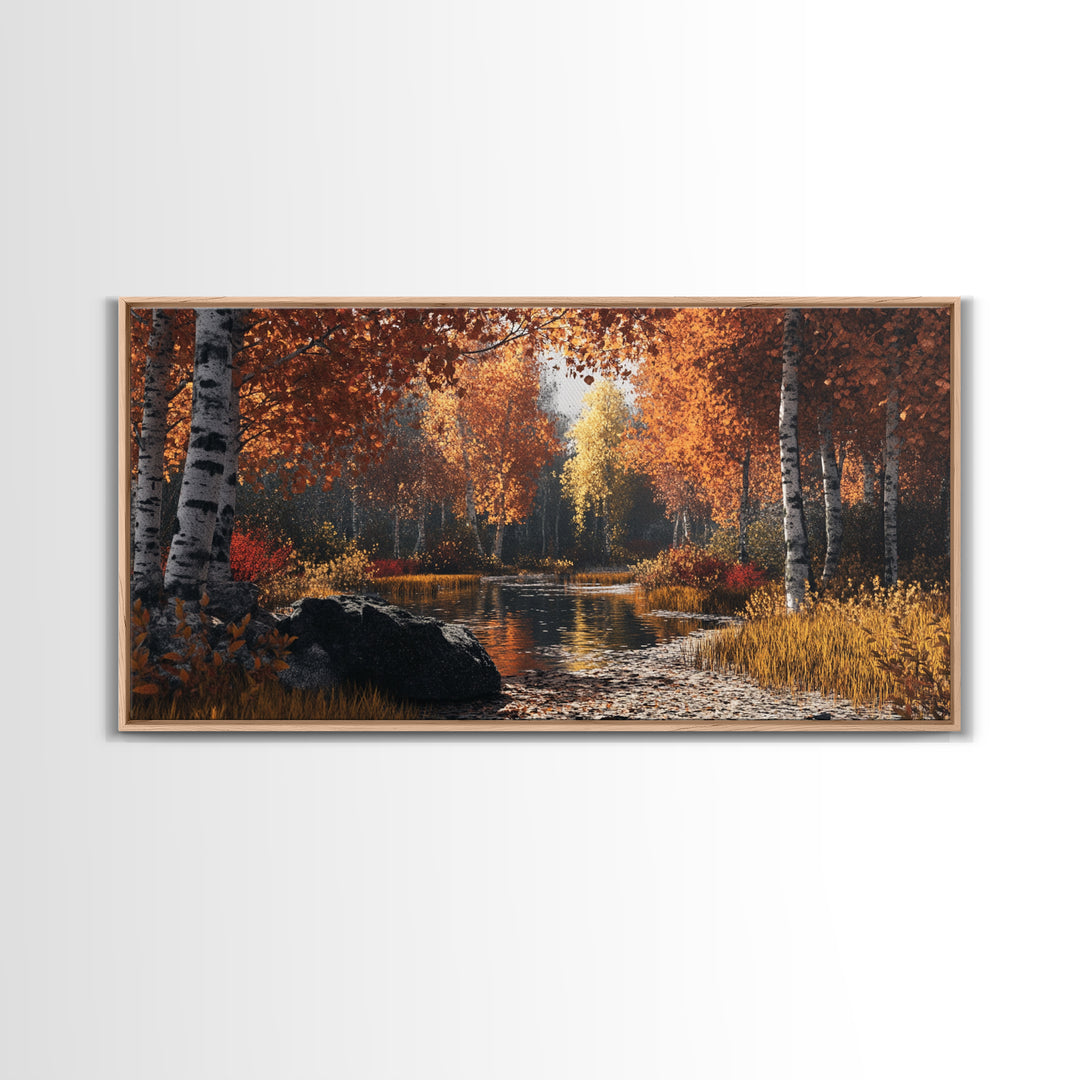 Autumn Birch Tranquility Framed Canvas Print with Birch Tree Painting and Fall Wall Art Rustic Art for Living Room Wall Decor
