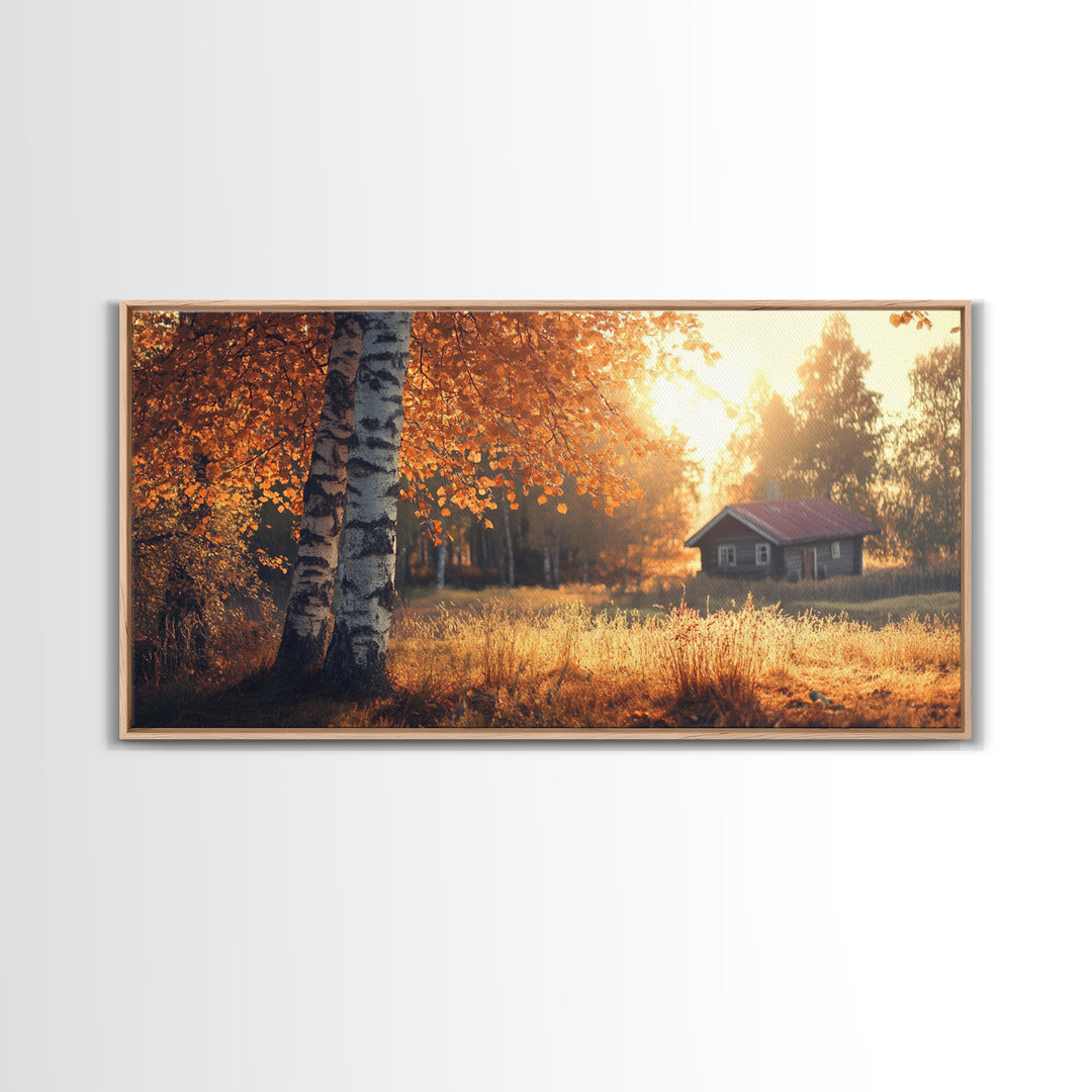 Cozy Autumn Cabin Framed Canvas Print with Fall Landscape Painting and Farmhouse Art Above Couch Art Living Room Rustic Decor