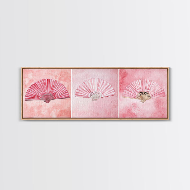 Trio of Elegant Fans Canvas Print, Minimalist Boho Pink Artwork, Oriental Fan Wall Art for Bedroom, Light Pastel Wall Decor Idea