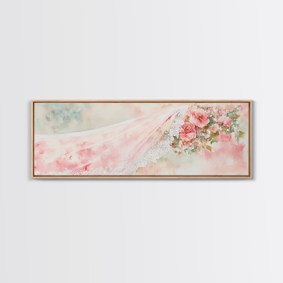 Romantic Rose Painting Canvas Print Featuring Bridal Lace, Botanical Prints Ideal Bedroom Art or Wedding Gift Idea