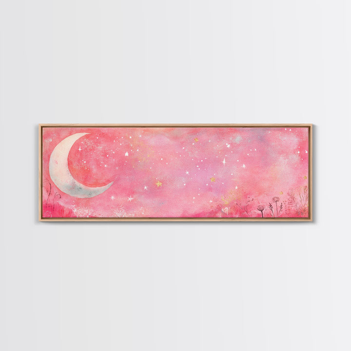 Crescent Moon Painting Canvas Print with Whimsical Starry Sky, Pink Wall Art for Living Room or Guest Room, Dreamy Decor