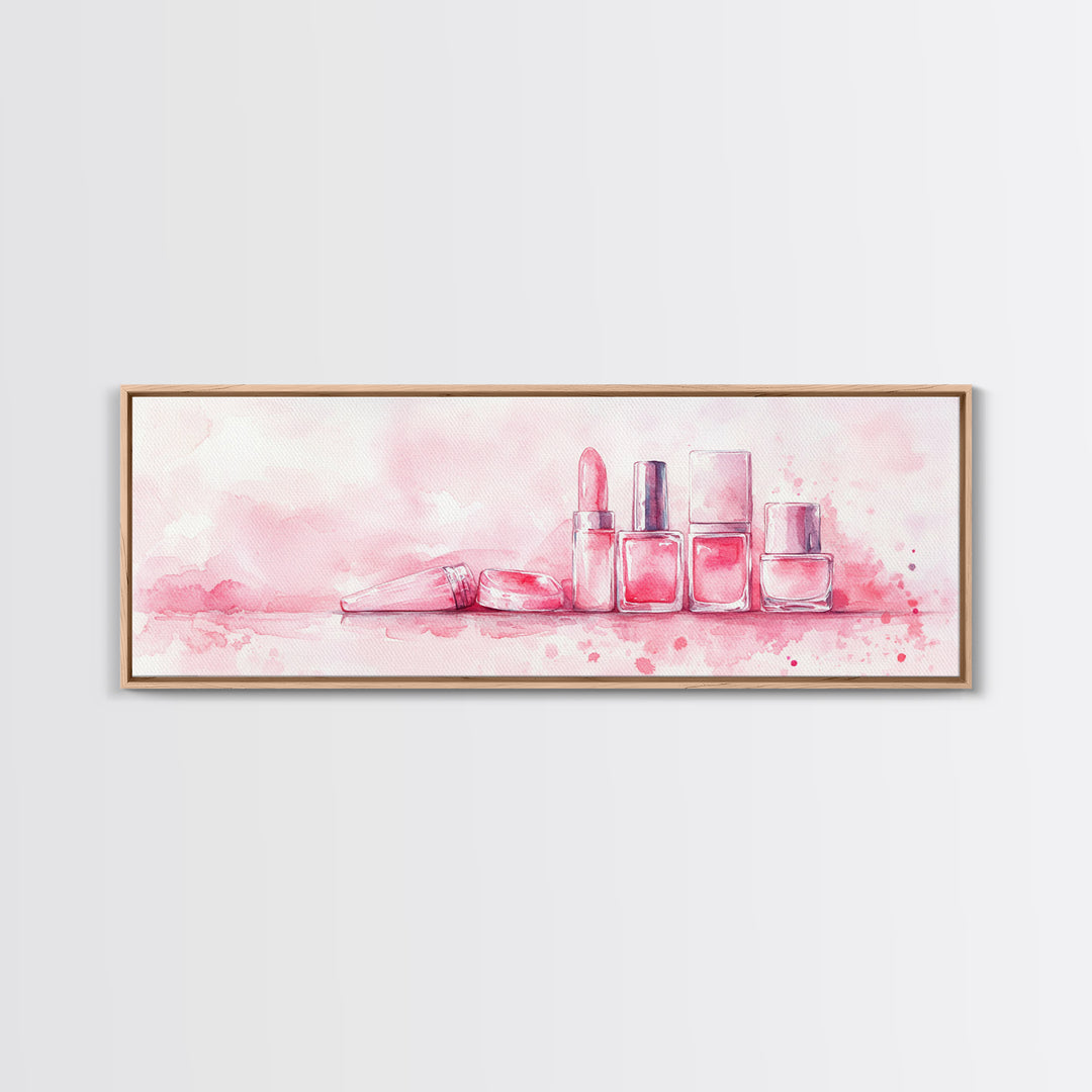 Makeup Art Canvas Print Featuring Lipstick and Nail Polish, Pink Abstract Wall Art for Bedroom or Bathroom Decor, Feminine Gift