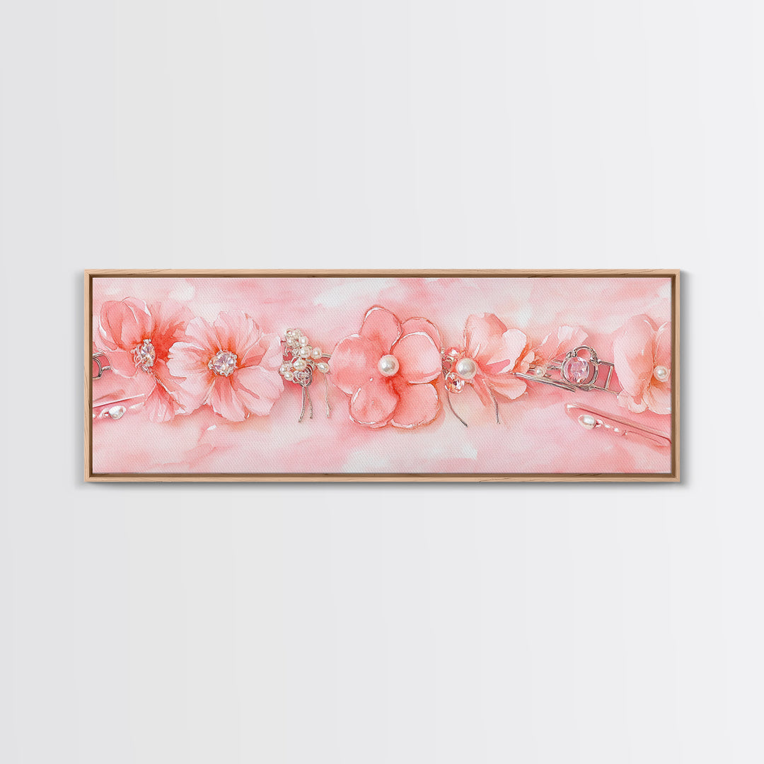 Cherry Blossom Canvas Print with Delicate Pearl Accents, Romantic Light Pink Wall Art for Bedroom or Coastal Wedding Decor