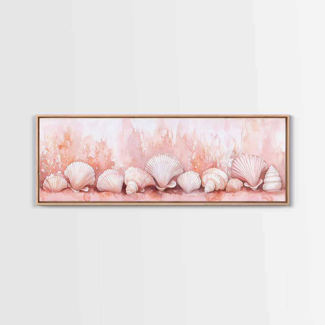 Coastal Shell Art Canvas Print Featuring Light Pink and Orange Pastel Hues, Beach House Decor, Nautical Wall Art for Living Room