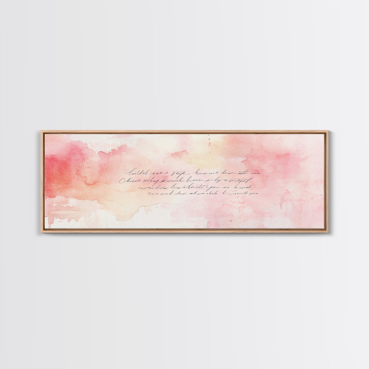 Romantic Calligraphy Canvas Print with Pink Abstract Art, Minimalist Wabi Sabi Aesthetic, Bedroom or Living Room Horizontal Wall Art