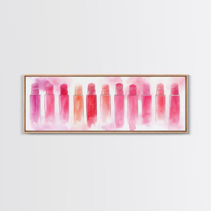 Pink Abstract Art Framed Canvas Print Featuring Lip Gloss Collection, Feminine Living Room Artwork, Boho Dorm Decor Gift Idea