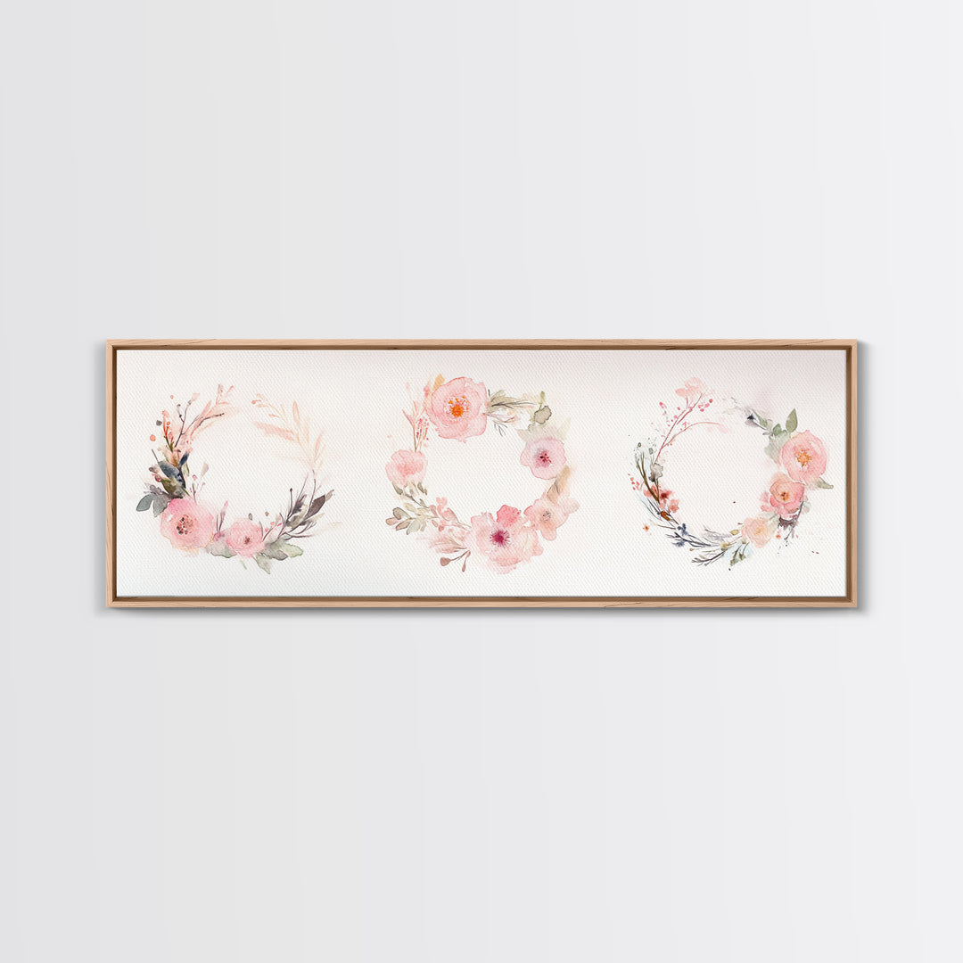 Wildflower Wreath Painting Framed Canvas Print in Pastel Pink and Green, Vertical Rustic Farmhouse Artwork, Botanical Gift Idea