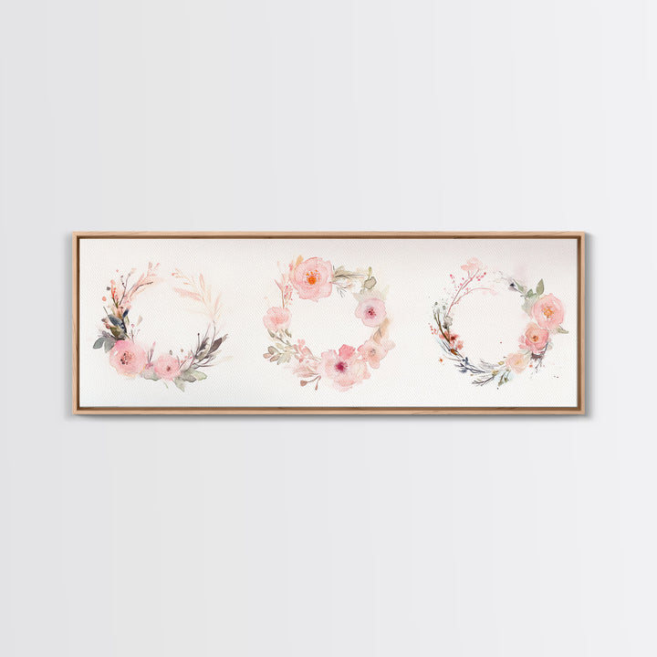 Wildflower Wreath Painting Framed Canvas Print in Pastel Pink and Green, Vertical Rustic Farmhouse Artwork, Botanical Gift Idea