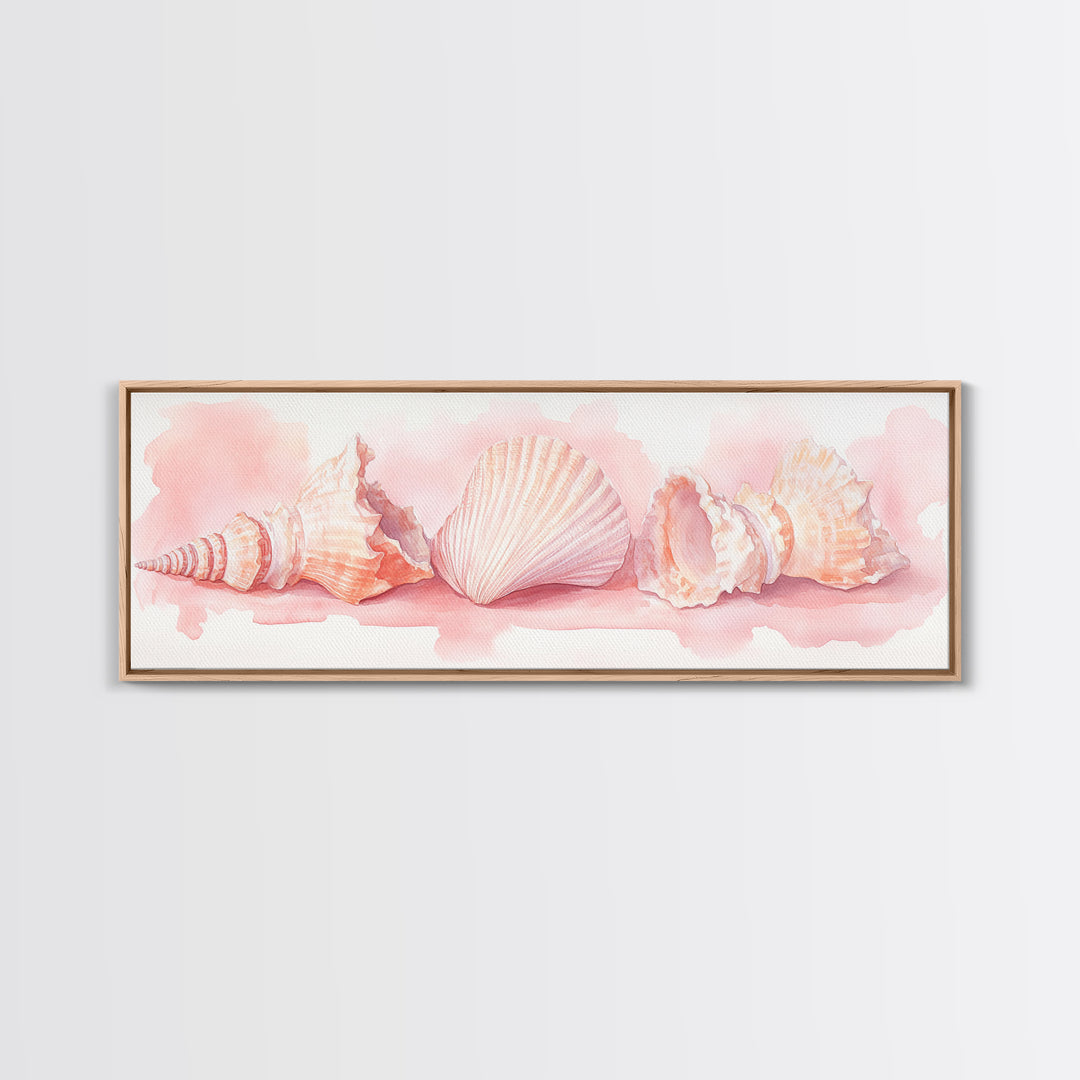 Shell Painting Framed Canvas Print Featuring Coastal Shells in Pastel Pink, Nautical Decor Idea, Horizontal Coastal Artwork