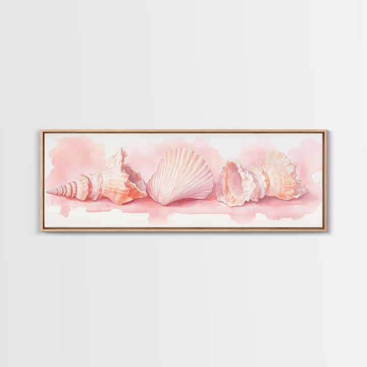 Shell Painting Framed Canvas Print Featuring Coastal Shells in Pastel Pink, Nautical Decor Idea, Horizontal Coastal Artwork
