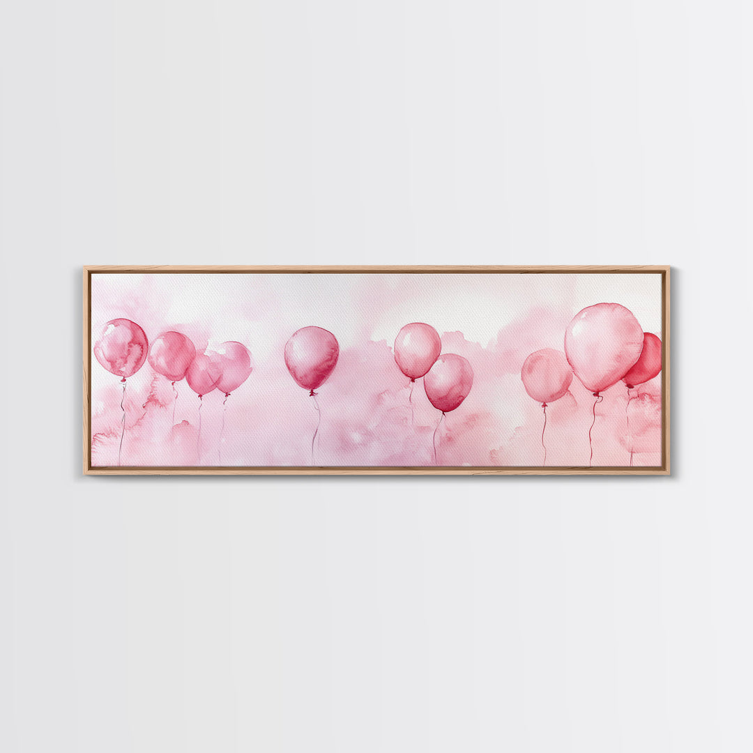 Balloon Painting Framed Canvas Print in Pastel Pink Hues, Whimsical Horizontal Artwork, Light Pink Wall Art for Living Room Decor