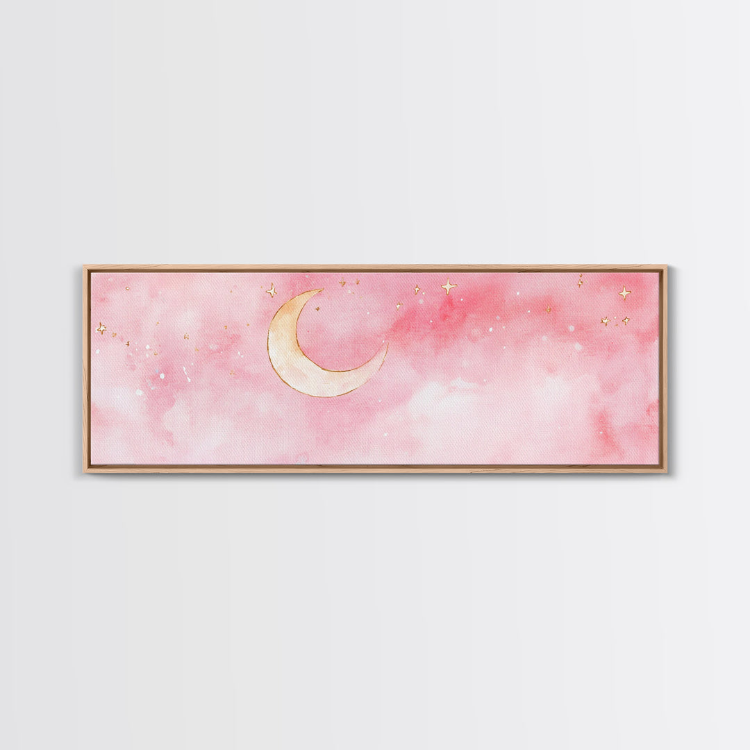 Crescent Moon Canvas Print Light Pink Wall Art Whimsical Night Sky Decor Bedroom Artwork Minimalist Boho Dreamy Gift Idea