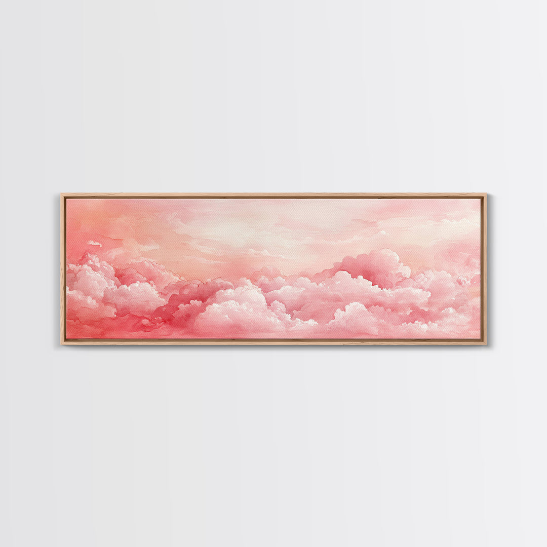 Pink Cloudscape Framed Canvas Print Light Pink Wall Art Above Sofa Horizontal Art Moody Sky Coastal Decor Gift Idea For Her Bedroom Art