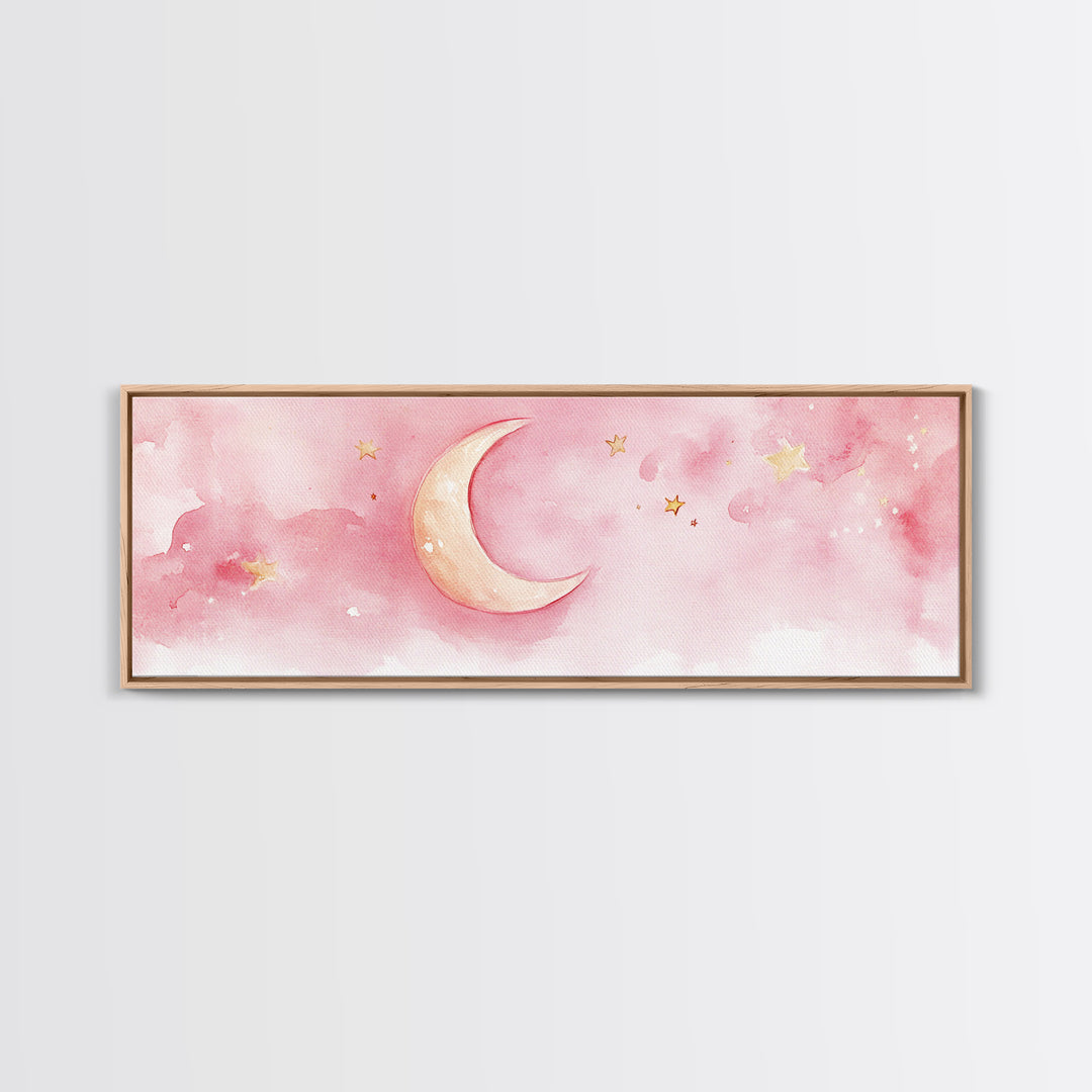 Crescent Moon with Stars Painting, Canvas Print, Light Pink Whimsical Wall Art, Nursery Aesthetic Artwork, Minimalist Cozy Decor