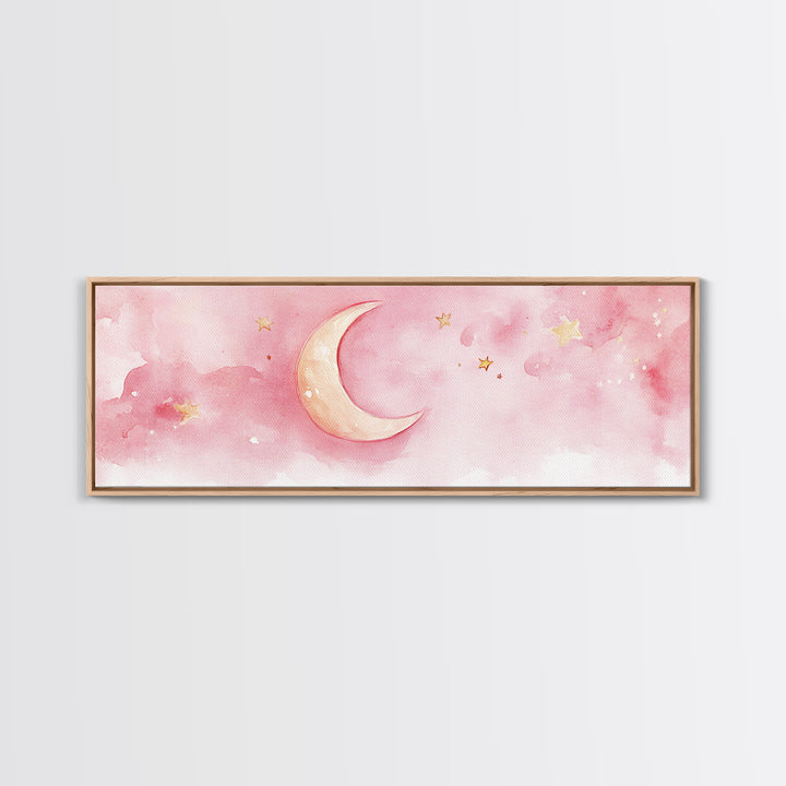 Crescent Moon with Stars Painting, Canvas Print, Light Pink Whimsical Wall Art, Nursery Aesthetic Artwork, Minimalist Cozy Decor