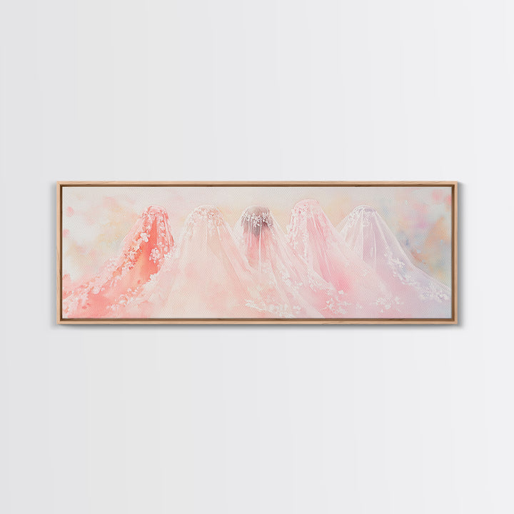 Bridal Veil Light Pink Wall Art Framed Canvas Print Horizontal Wedding Rustic Decor Extra Wide Artwork Bedroom Art