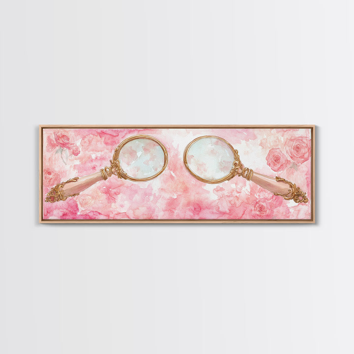 Antique Magnifying Glass Canvas Print, Rose Painting with Vintage Romantic Vibes, Rustic Farmhouse Wall Art, Guest Room Decor