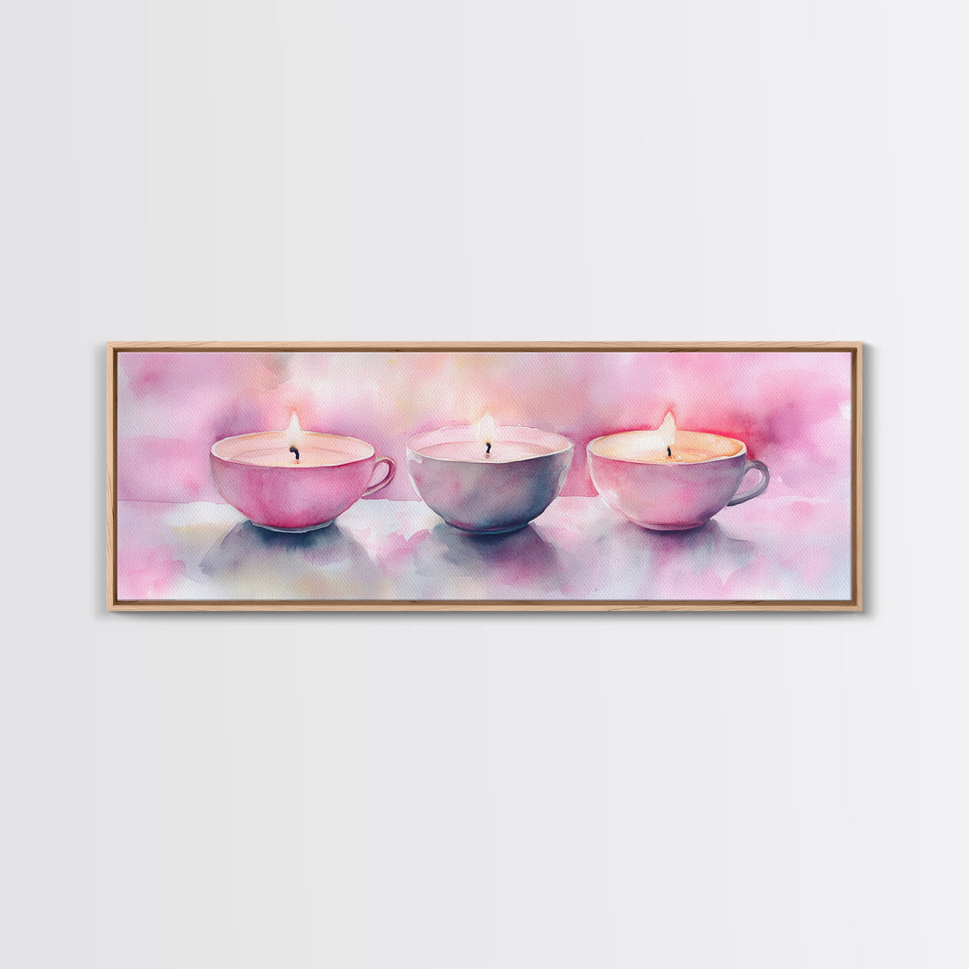 Candlelight Framed Canvas Print, Cozy Pastel Teacup Candles Art, Light Pink Wall Decor, Bedroom or Dining Room Whimsical Artwork