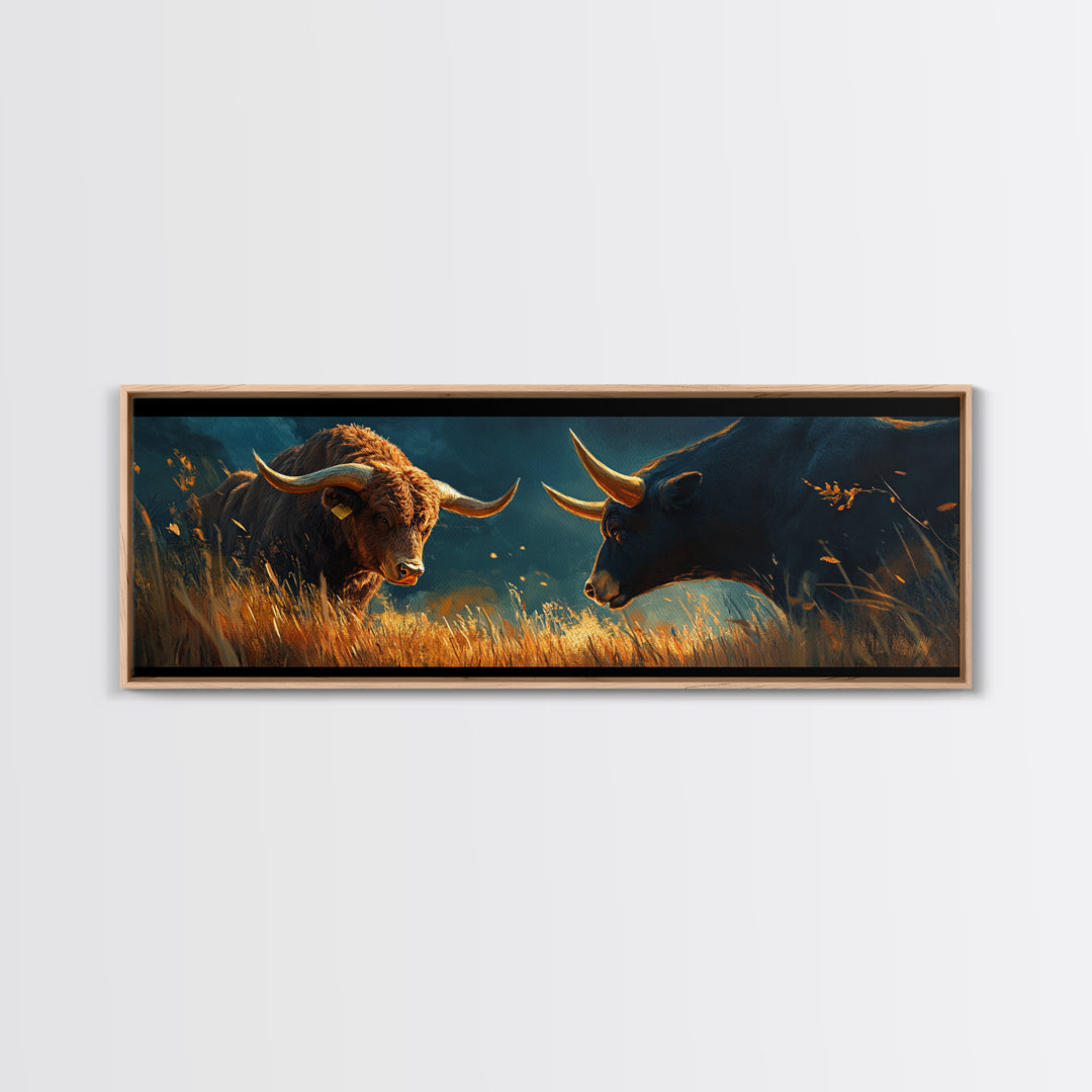 Rustic Bull Showdown Canvas Print - Dramatic Autumn Landscape Art, Industrial Wall Decor, Moody Living Room Accent, Gift Idea For Him