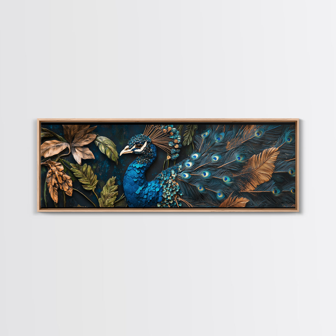 Blue Peacock Framed Canvas Print Chinoiserie Style Mosaic Wall Art Boho Rustic Decor Living Room Feature Art Print