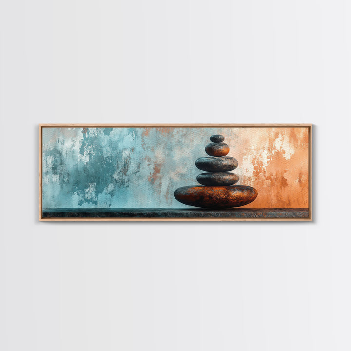 Textured Zen Framed Canvas Print Sand Patterns Stacked Stones Modern Wabi Sabi Minimalist Decor Bedroom Art Idea