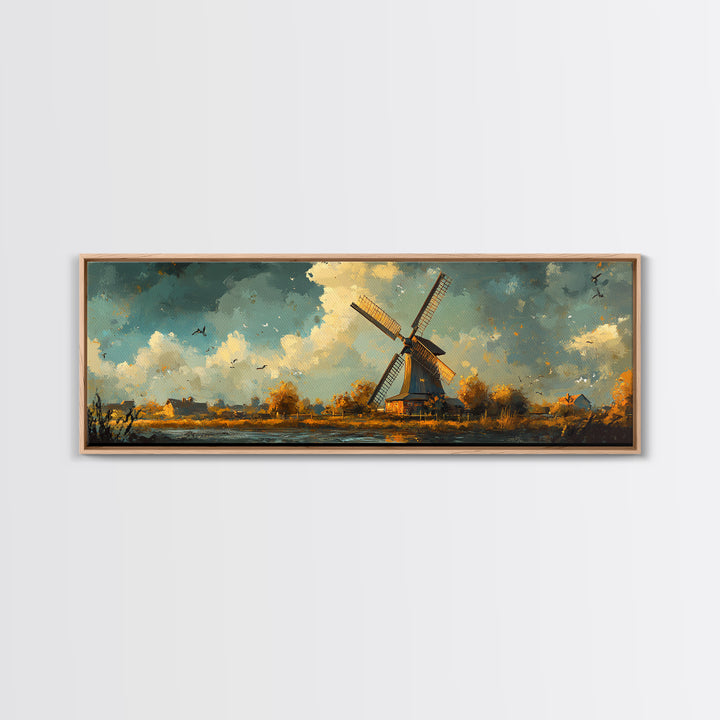 Autumn Windmill Scene Framed Canvas Print - Rustic Fall Farmhouse Art, Moody Living Room Wall Art, Horizontal Panoramic Decor Gift Idea