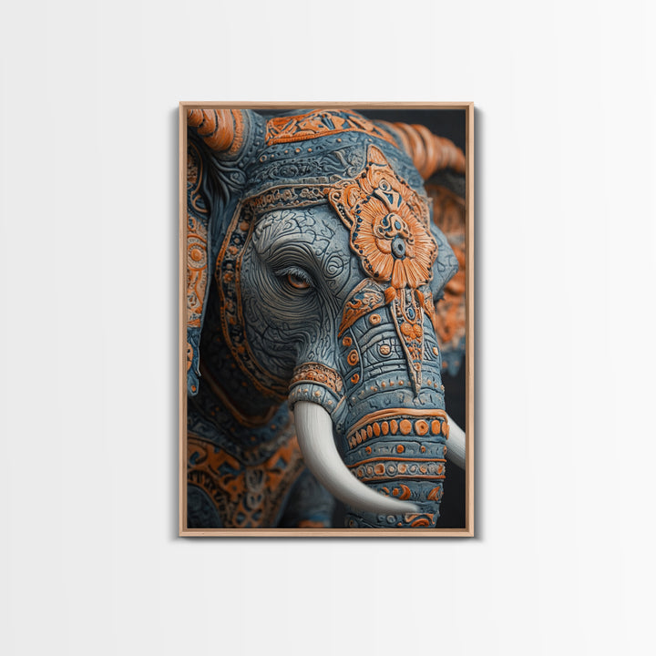 Detailed Elephant Face Framed Canvas Print – Kerala Mural Art, Sacred Geometry Decor, Ganesh Wall Art Rustic Boho Inspired Room Decor