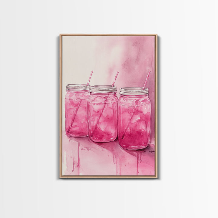 Pink Lemonade Jars Framed Canvas Print Food Review Kitchen Art Light Pink Wall Art Whimsical Art Rustic Decor Farmhouse Style