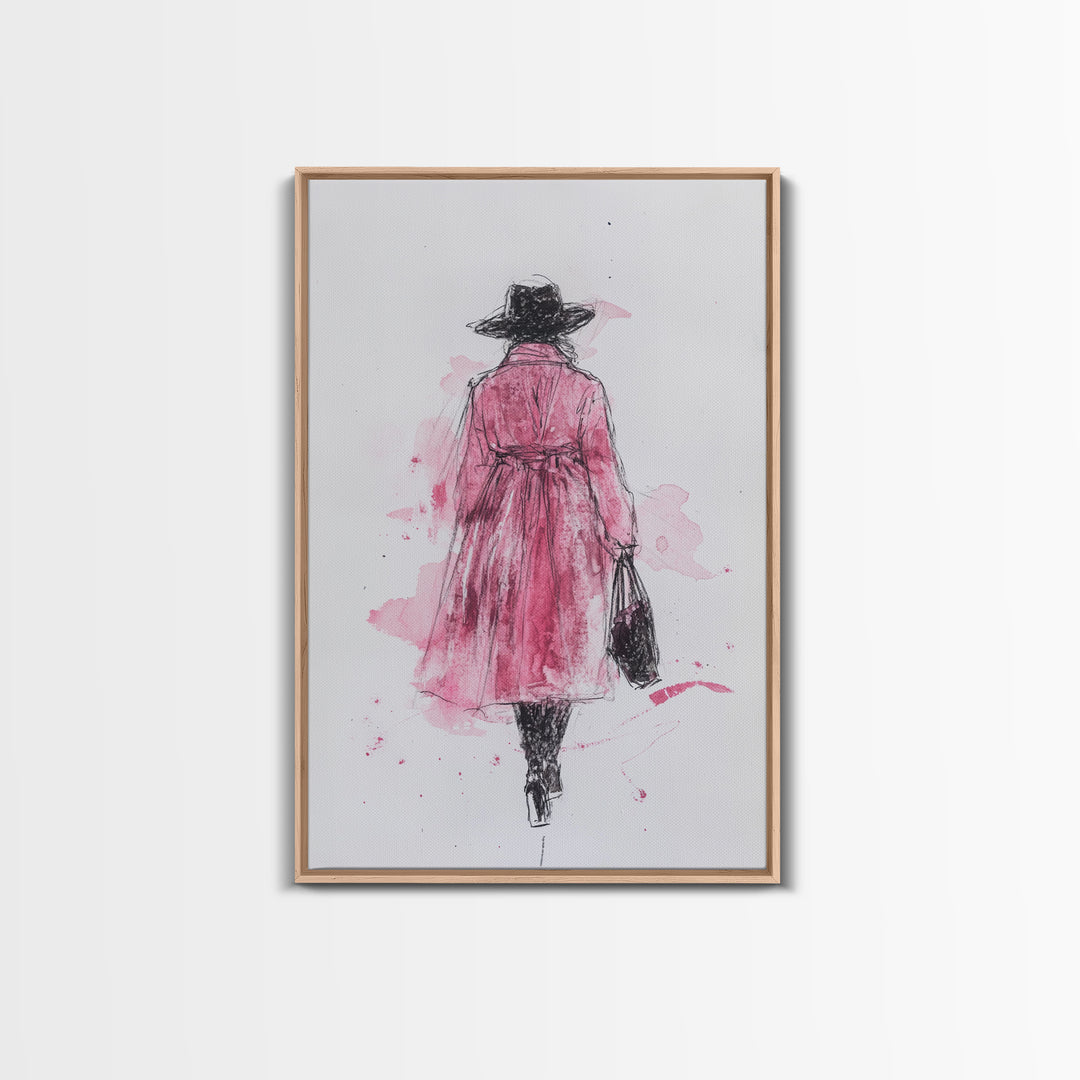 Woman in Coat Framed Canvas Print Light Pink Wall Art Moody Minimalist Fashion Illustration Rustic Aesthetic Unique Gift Idea