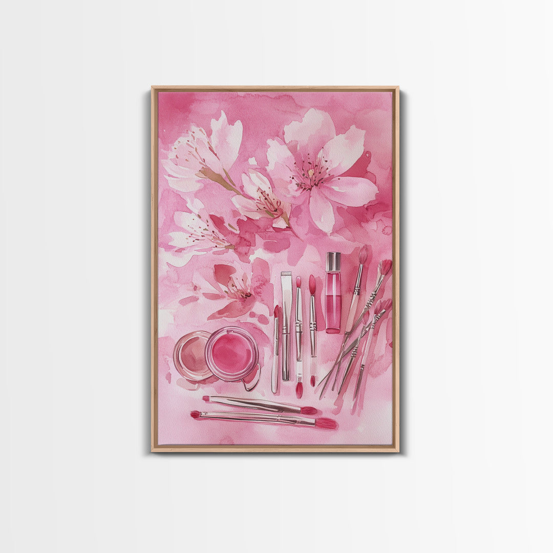 Cherry Blossom Canvas Print Featuring Makeup and Brush Theme Perfect Whimsical and Light Pink Wall Art Bedroom or Bathroom Decor