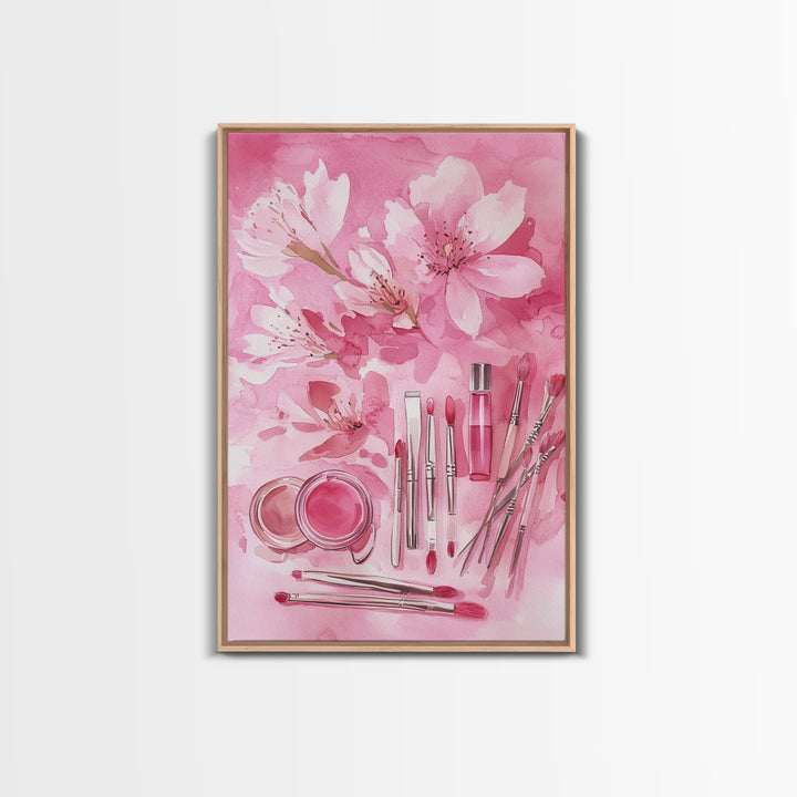 Cherry Blossom Canvas Print Featuring Makeup and Brush Theme Perfect Whimsical and Light Pink Wall Art Bedroom or Bathroom Decor