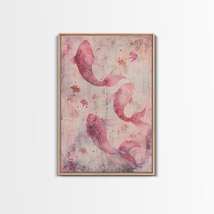 Artistic koi fish painting with framed canvas print, pink abstract art, light pink wall art, gift idea, moody art above bed decor