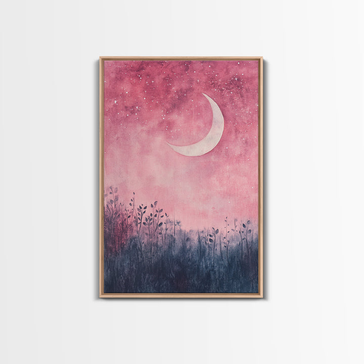 Crescent moon painting on framed canvas print, moody art, pink abstract art, cherry blossom painting, vertical wall art decor