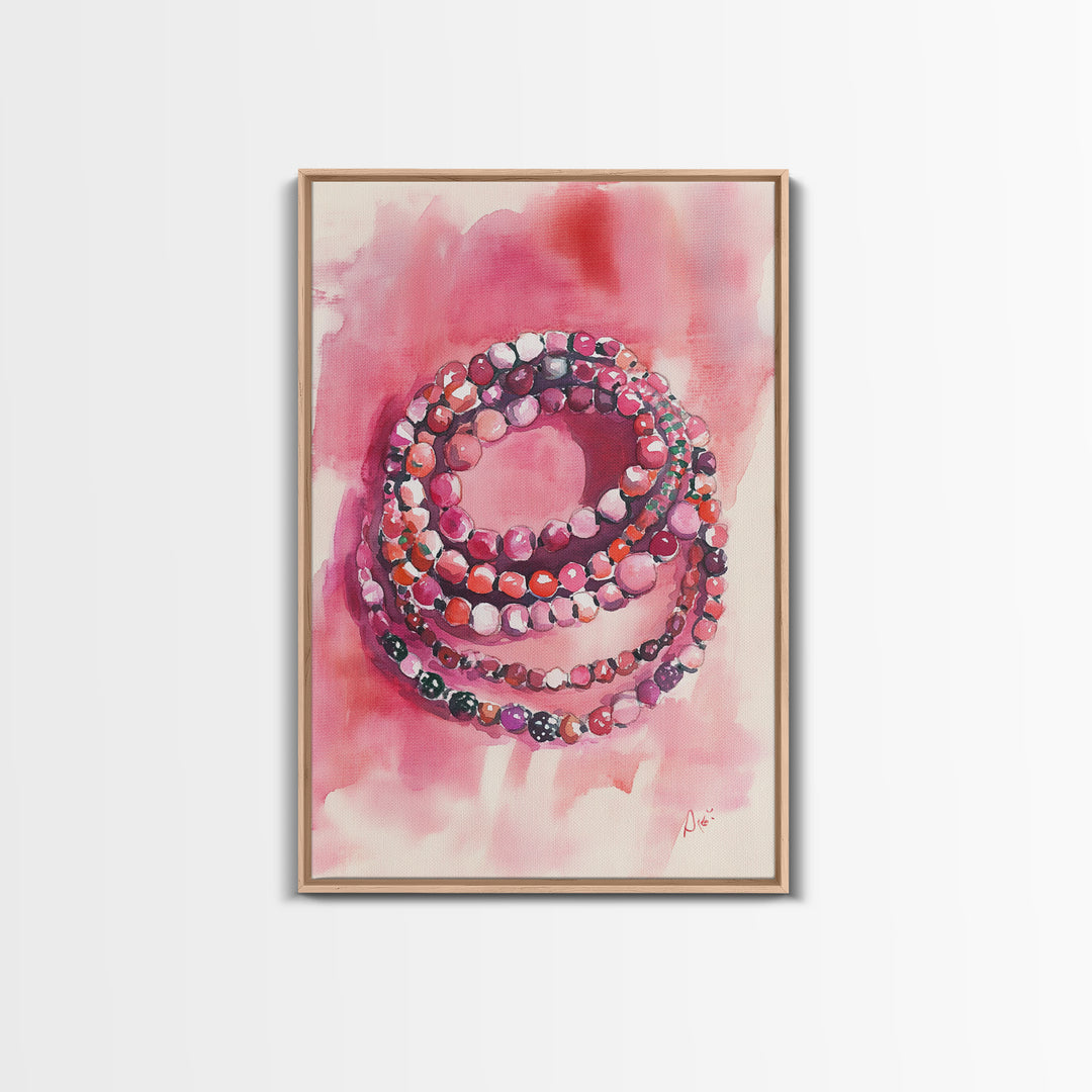 Vibrant gemstone bracelet painting with framed canvas print, gemstone painting, pink abstract art, moody art, living room decor