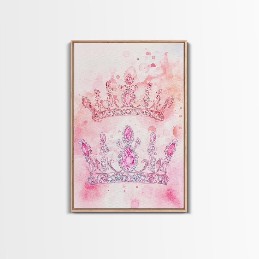 Twin jeweled crown painting featuring framed canvas print, whimsical art, light pink wall art, goddess art print, gift idea decor