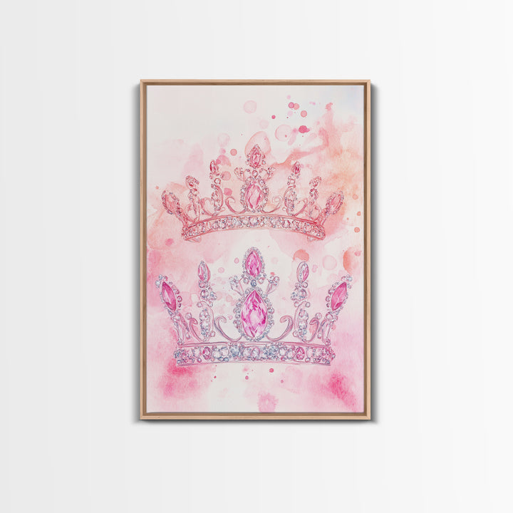 Twin jeweled crown painting featuring framed canvas print, whimsical art, light pink wall art, goddess art print, gift idea decor
