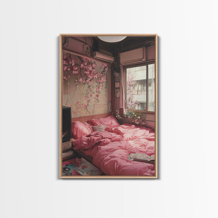 Cherry Blossom Dream Framed Canvas Print Light Pink Japanese Inspired Bedroom Art Cozy Home Floral Wall Decor Feminine Artwork Gift