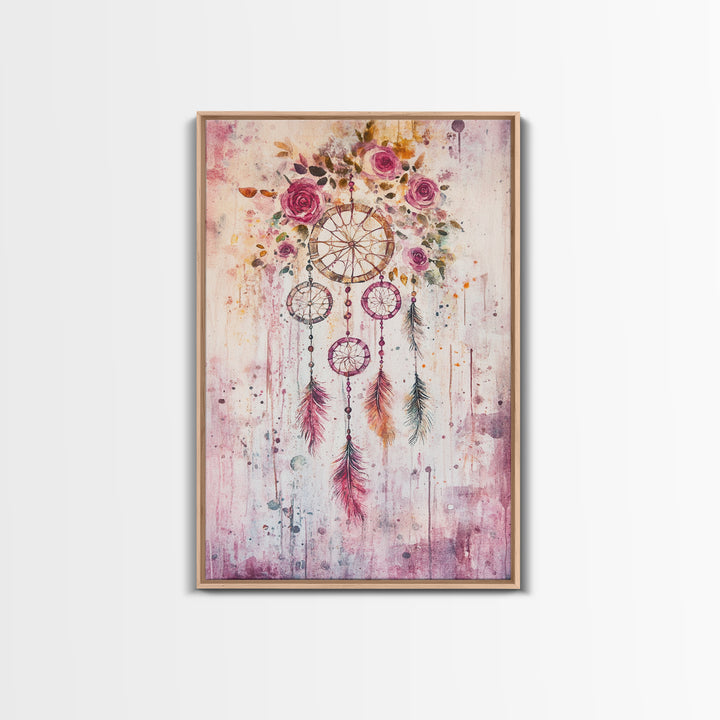 Dreamcatcher with Roses Framed Canvas Print Boho Bedroom Art Botanical Prints Pink Wall Art Light Pink Home Decor Wildflower Painting