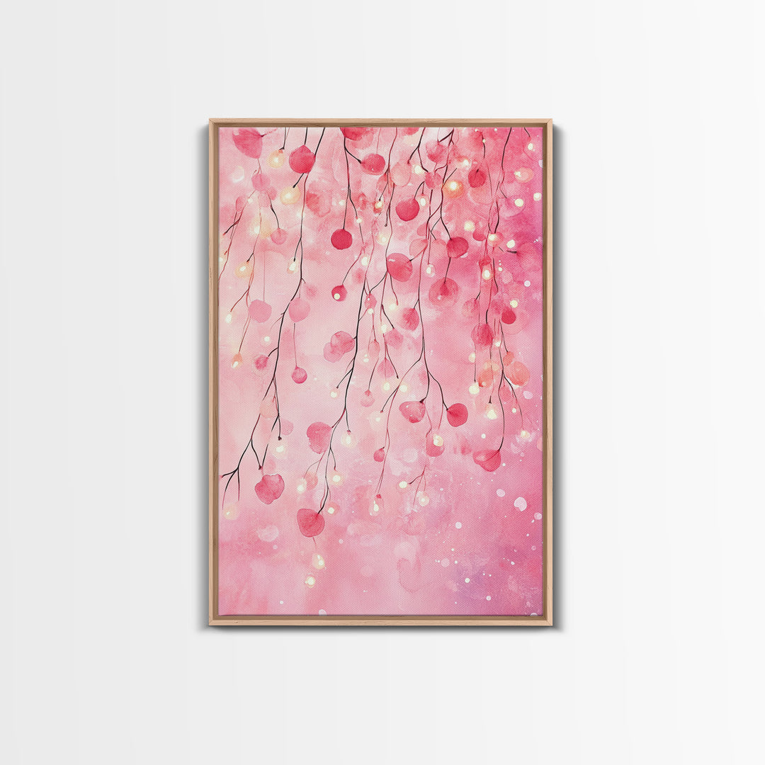 Cherry Blossom Lights Canvas Print Romantic Bedroom Art Cherry Wall Art Light Pink Wall Art Living Room Art Boho Home Decor