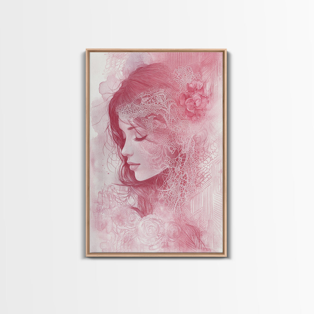 Romantic Portrait Framed Canvas Print Featuring Angels Wall Art Pink Abstract Art Elegant Bedroom Living Room Boho Aesthetic