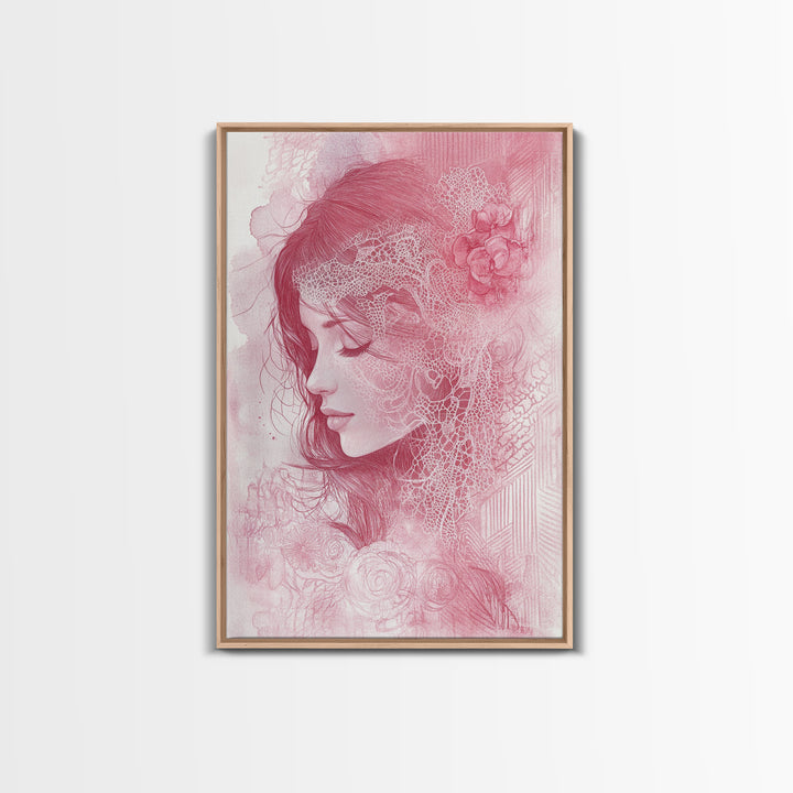 Romantic Portrait Framed Canvas Print Featuring Angels Wall Art Pink Abstract Art Elegant Bedroom Living Room Boho Aesthetic