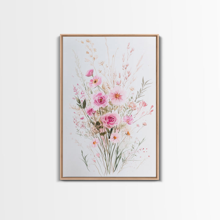 Elegant Pink Bouquet Framed Canvas Print Featuring Wildflower Painting Light Pink Wall Art Cottagecore Aesthetic Farmhouse Artwork