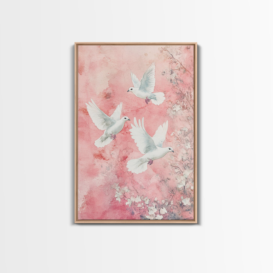 Cherry Blossom Art with Peaceful Doves Framed Canvas Print, Angelic Bird Art Pink Decor, Whimsical Bedroom or Living Room Gift